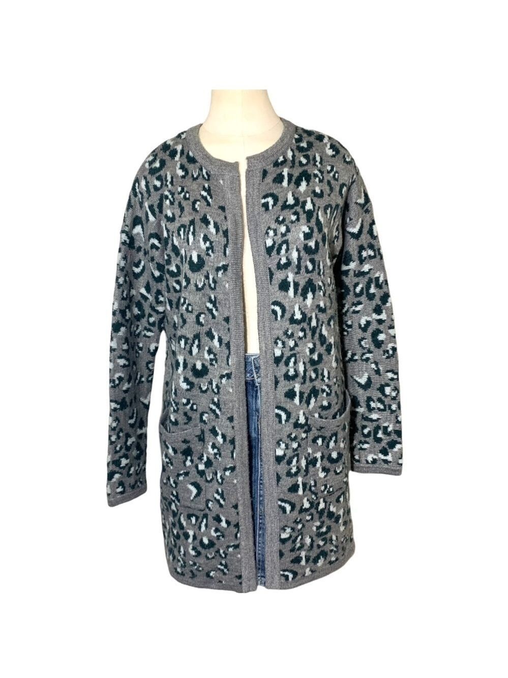 Cynthia Rowley Gray Leopard Knit Acrylic Alpaca Blend Open Long Line Cardigan S